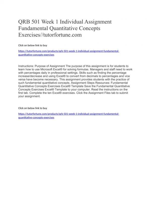 QRB 501 Week 1 Individual Assignment Fundamental Quantitative Concepts Exercises//tutorfortune.com
