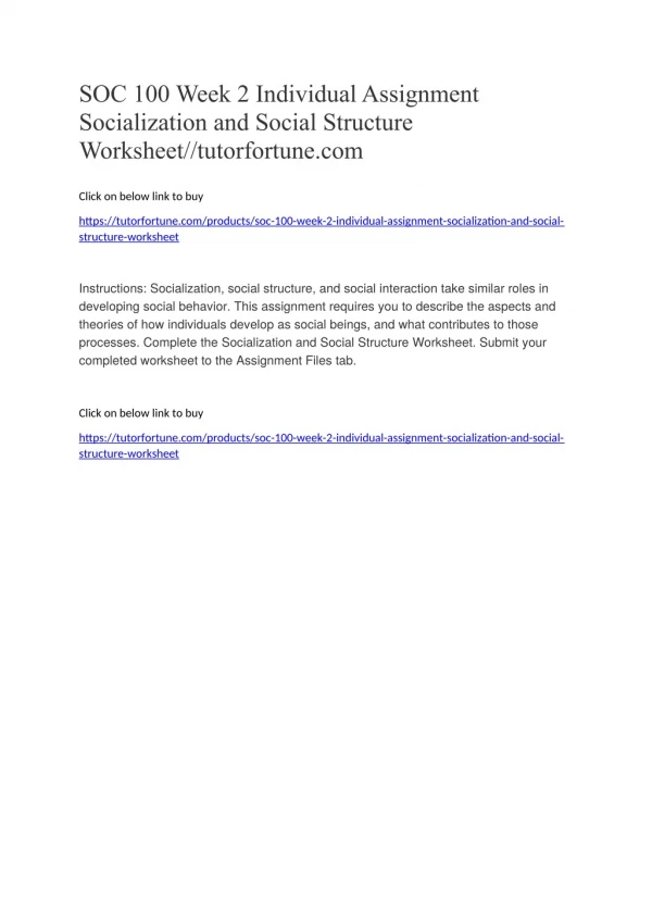 SOC 100 Week 2 Individual Assignment Socialization and Social Structure Worksheet//tutorfortune.com