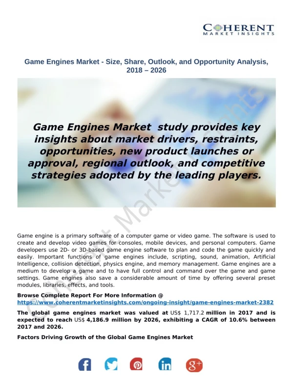 Game Engines Market - Size, Share, Outlook, and Opportunity Analysis, 2018 – 2026