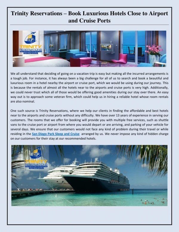 Trinity Reservations – Book Luxurious Hotels Close to Airport and Cruise Ports