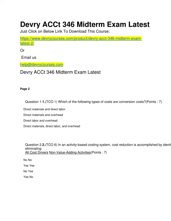 Devry ACCt 346 Midterm Exam Latest