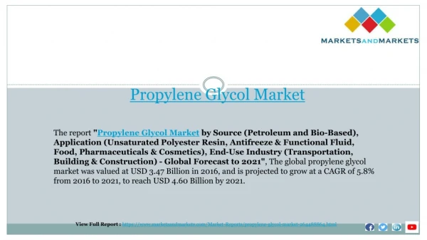 Propylene Glycol Market by Source &amp; Application - Global Forecast 2021