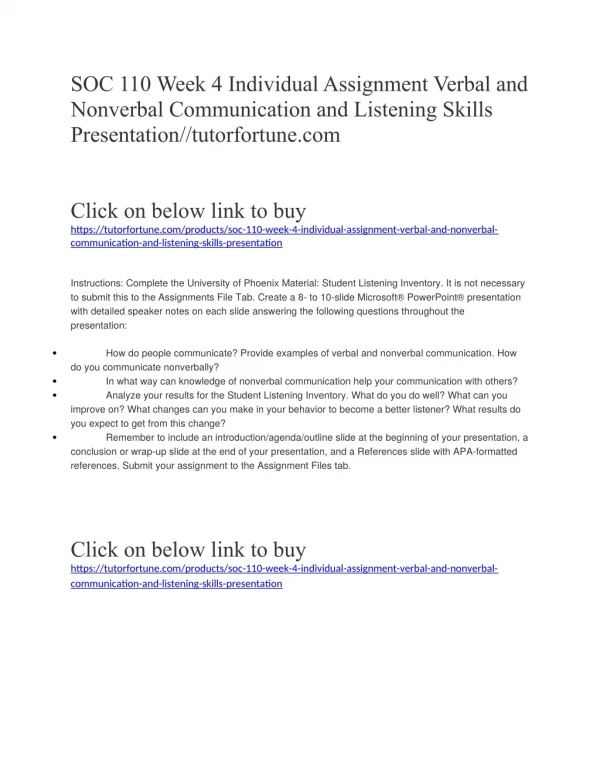 SOC 110 Week 4 Individual Assignment Verbal and Nonverbal Communication and Listening Skills Presentation//tutorfortune.