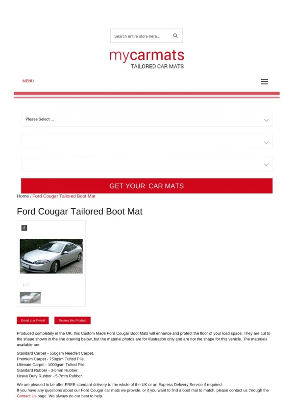 Tailored Ford Cougar Boot Mats – Rubber Boot Mats | Car Boot Liners