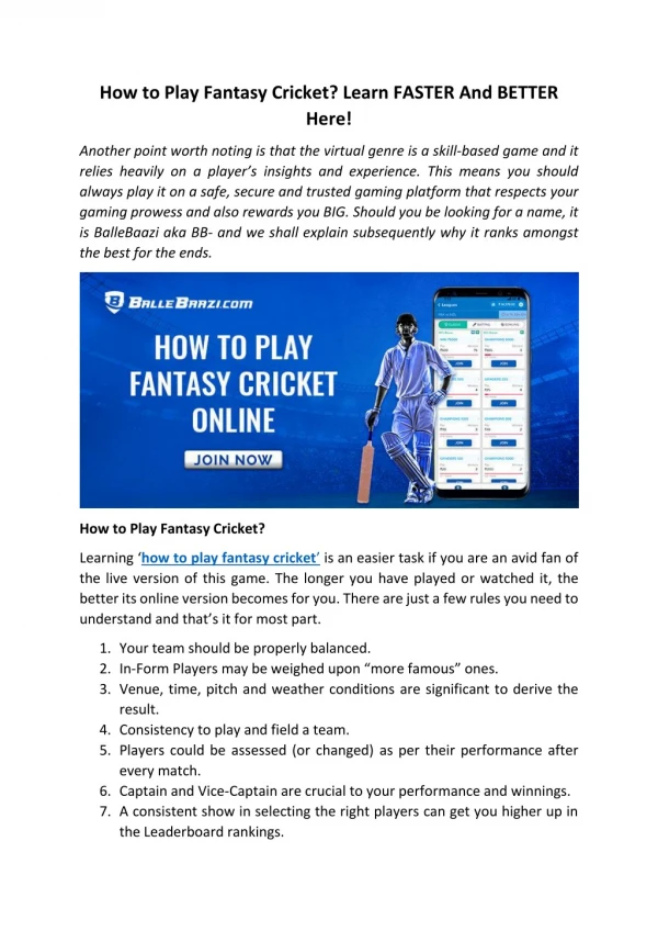 How to Play Fantasy Cricket? Learn FASTER And BETTER Here!