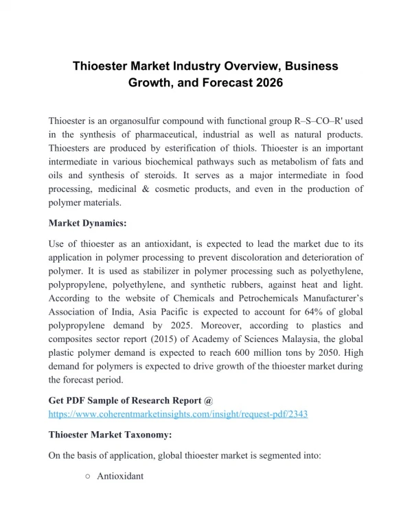 Thioester Market Industry Overview, Business Growth, and Forecast 2026