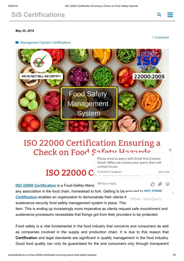 Which ISO Standard require for Food safety?