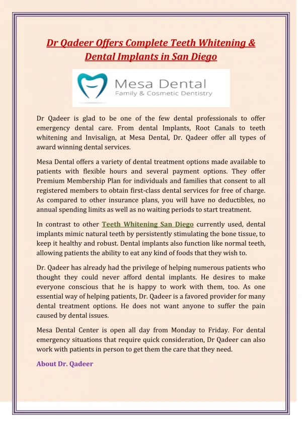 Dr Qadeer Offers Complete Teeth Whitening & Dental Implants in San Diego