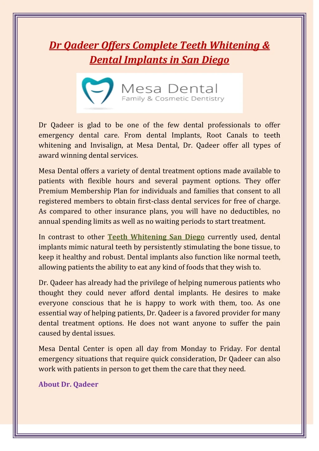 dr qadeer offers complete teeth whitening dental