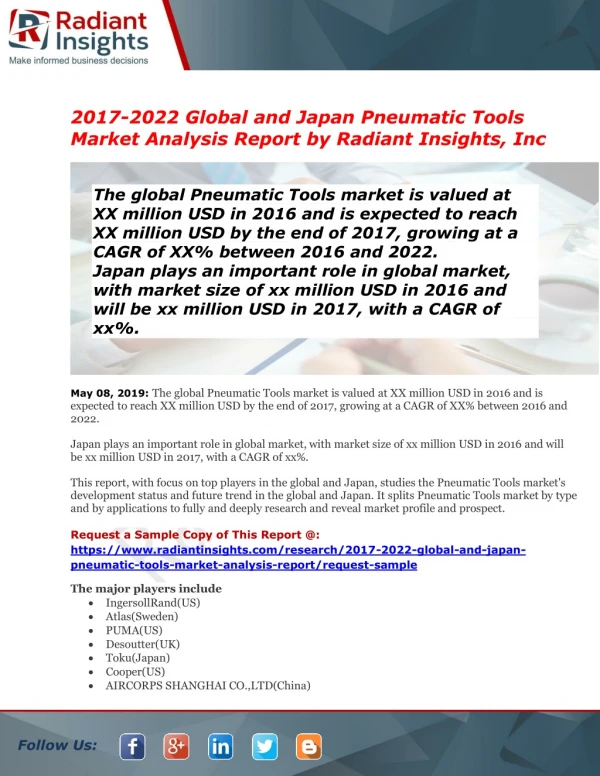 Pneumatic Tools Market Forthcoming Developments, Growth Challenges, Opportunities 2022