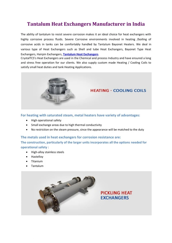 Tantalum Heat Exchangers Manufacturer in India