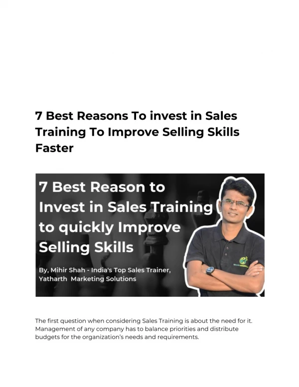 7 Best Reasons To invest in Sales Training To Improve Selling Skills Faster