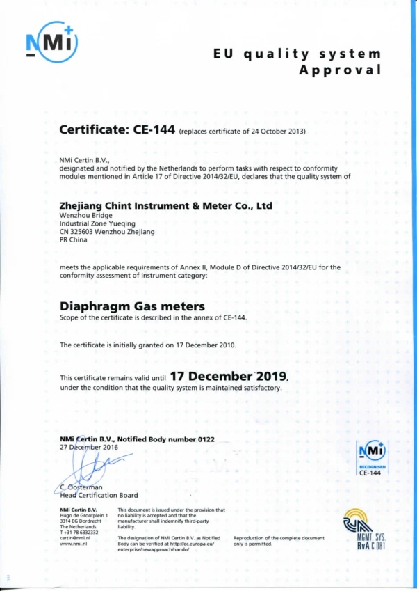 Domestic Diaphragm Type Gas Meter G-1.6 MID-EU Quality System Approval