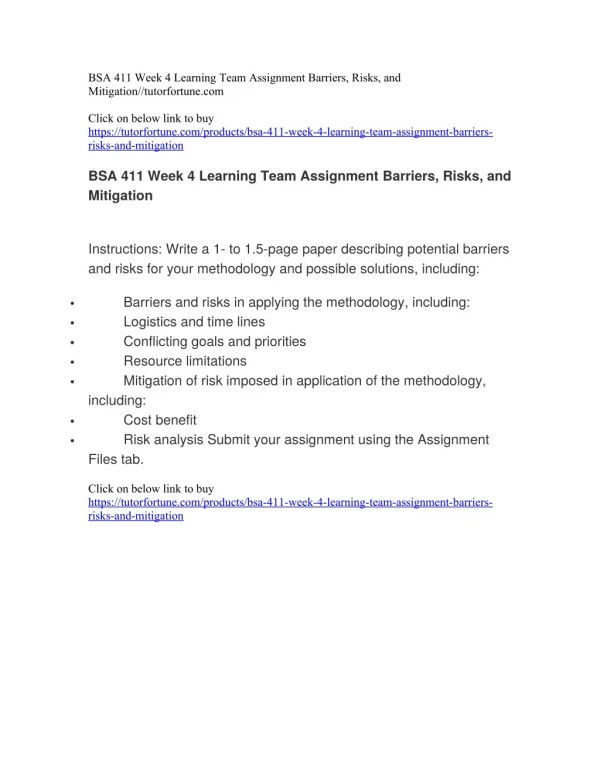 BSA 411 Week 4 Learning Team Assignment Barriers, Risks, and Mitigation//tutorfortune.com