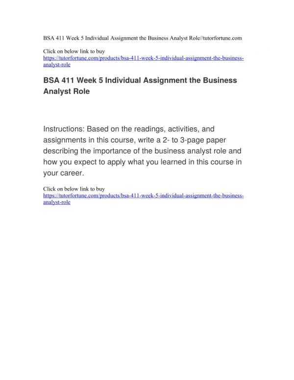 BSA 411 Week 5 Individual Assignment the Business Analyst Role//tutorfortune.com