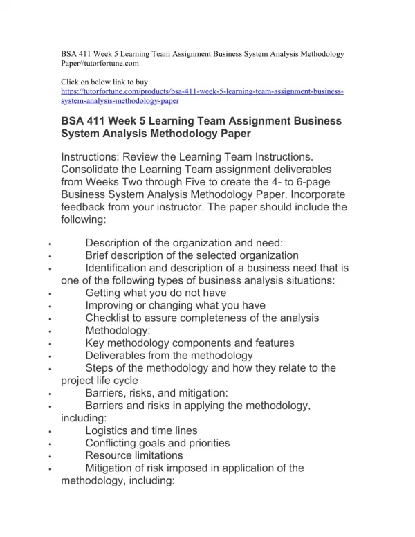 BSA 411 Week 5 Learning Team Assignment Business System Analysis Methodology Paper//tutorfortune.com