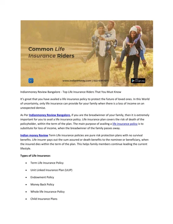 Indianmoney Review Bangalore - Top Life Insurance Riders That You Must Know