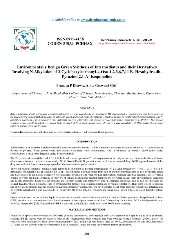 Environmentally Benign Green Synthesis of Intermediates and their Derivatives Involving N-Alkylation of 2-Cyclohexylcarb