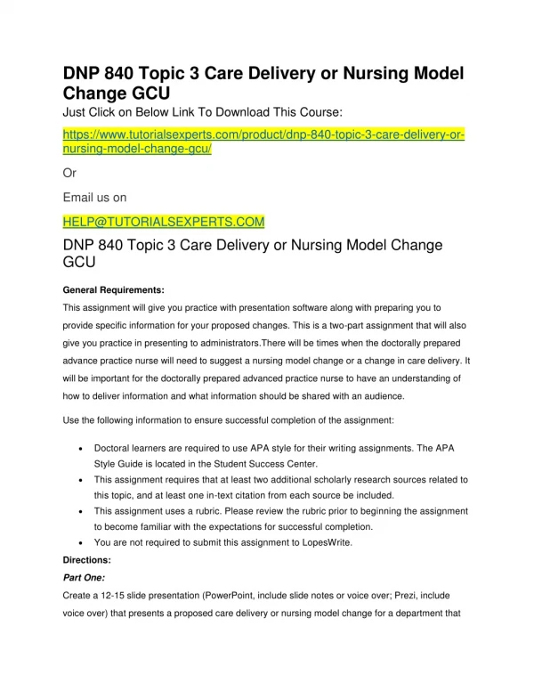 DNP 840 Topic 3 Care Delivery or Nursing Model Change GCU