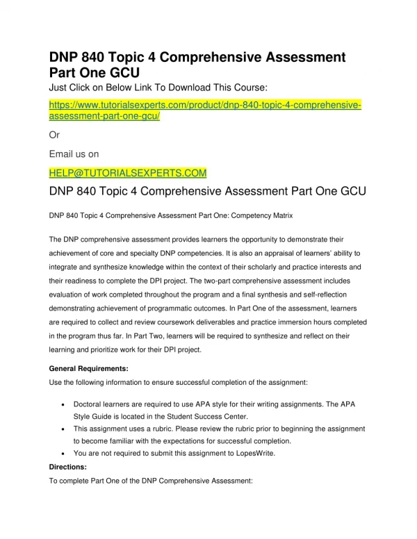 DNP 840 Topic 4 Comprehensive Assessment Part One GCU