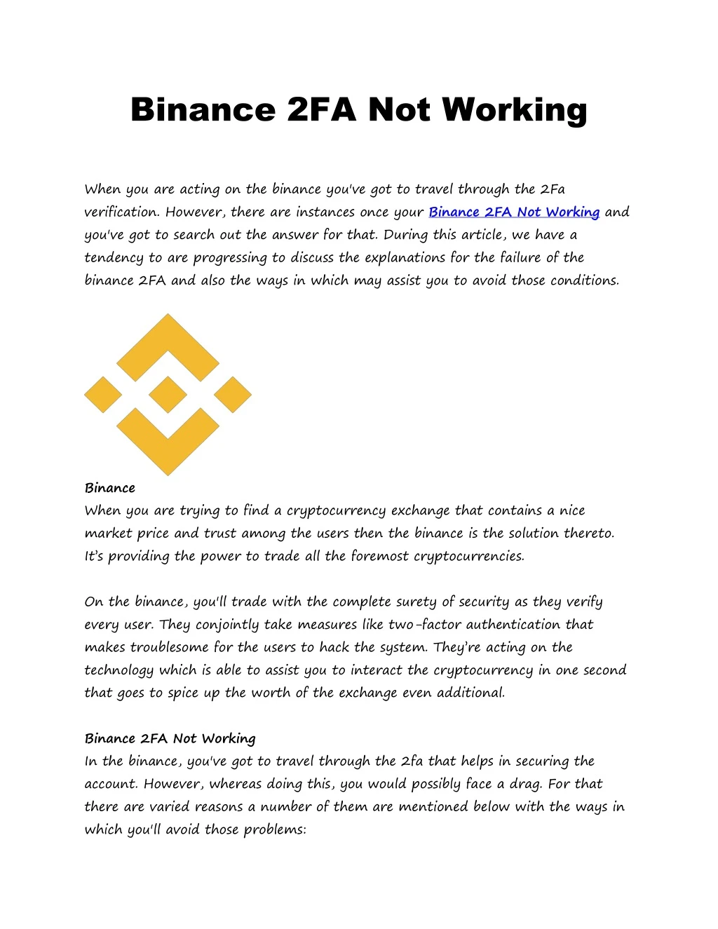 binance 2fa not working when you are acting
