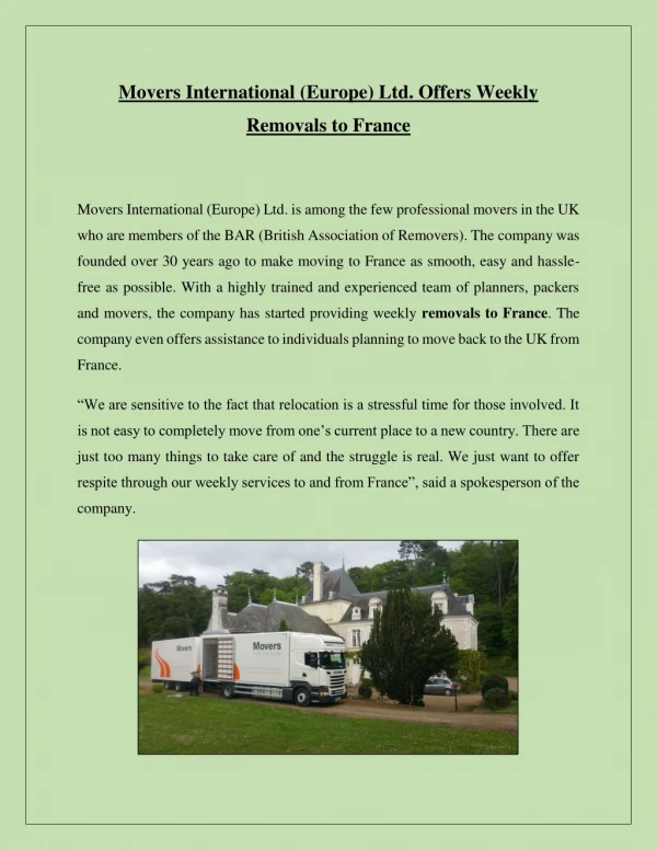 Movers International (Europe) Ltd. Offers Weekly Removals to France