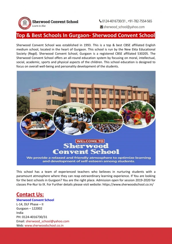 Top & Best Schools In Gurgaon- Sherwood Convent School