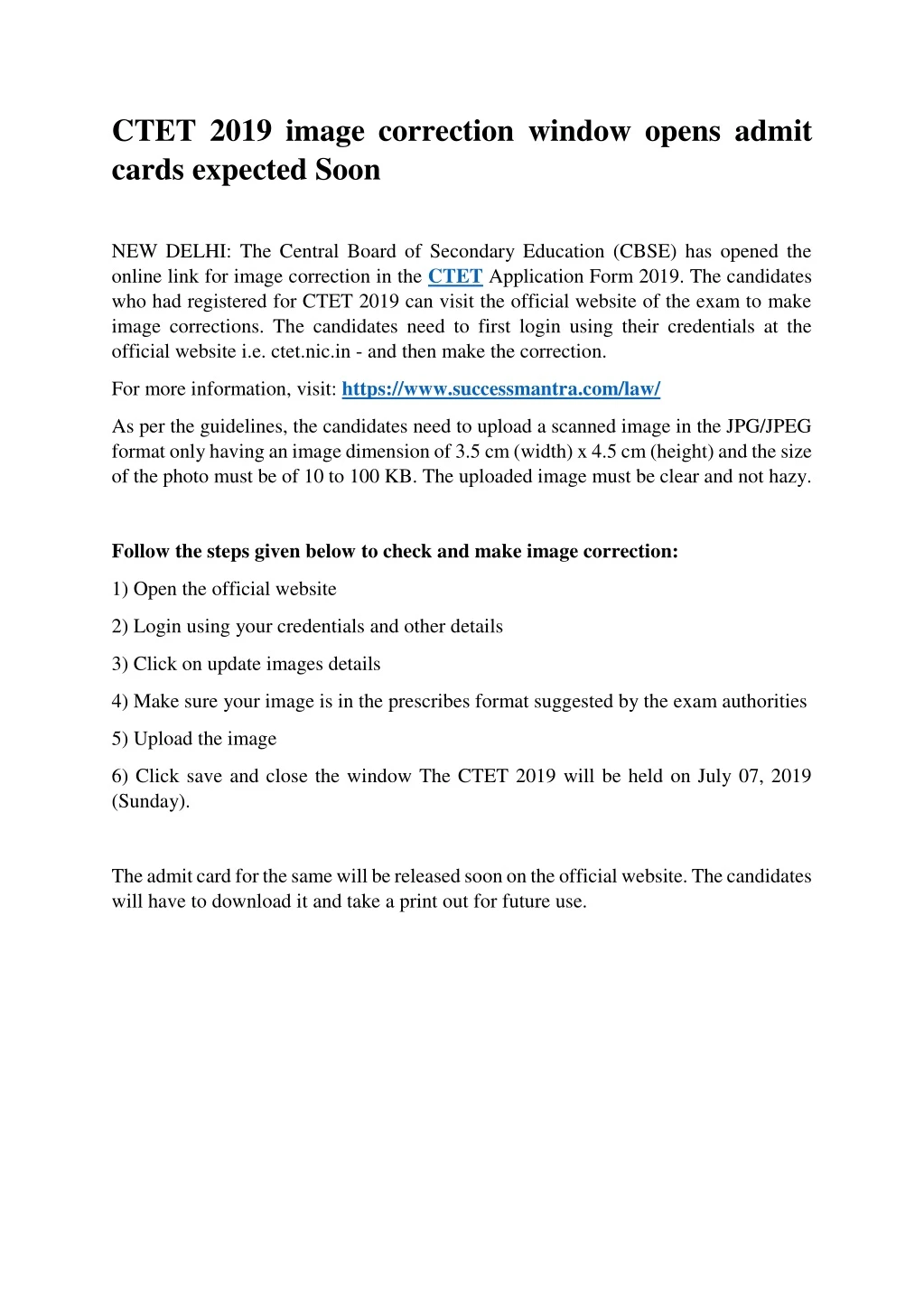 ctet 2019 image correction window opens admit