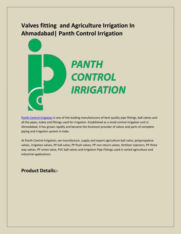 Valves fitting in Ahmedabad| Panth Control Irrigation