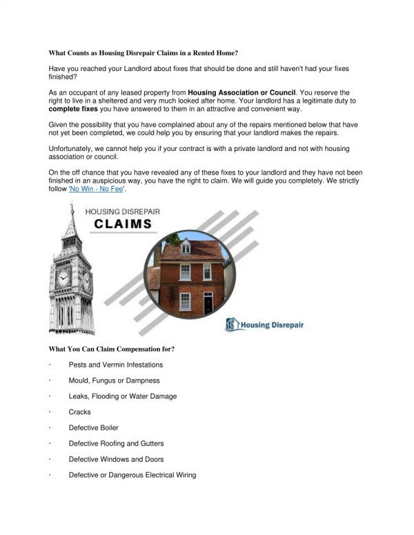 Housing Disrepair claims in the United Kingdom