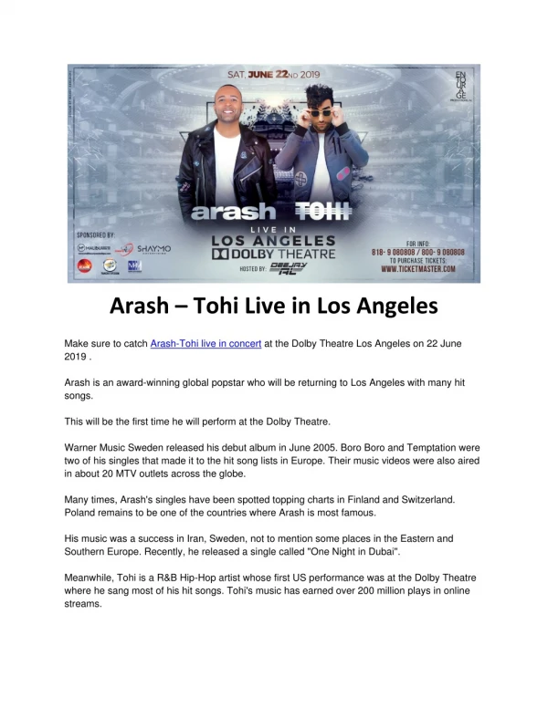 Arash – Tohi Live in Concert at Los Angeles