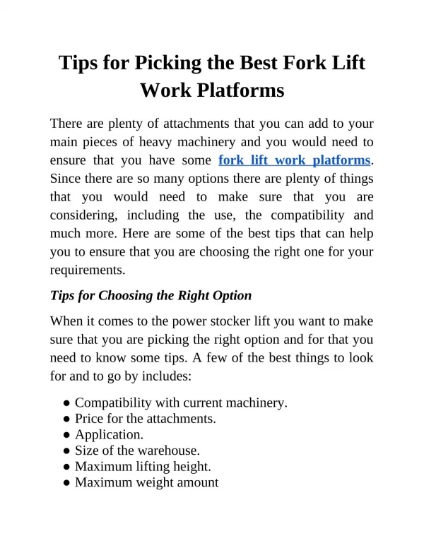Tips for Picking the Best Fork Lift Work Platforms