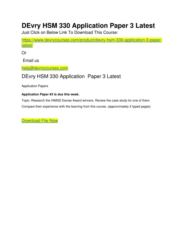 DEvry HSM 330 Application Paper 3 Latest