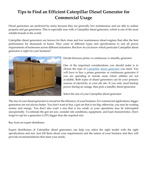 Tips to Find an Efficient Caterpillar Diesel Generator for Commercial Usage