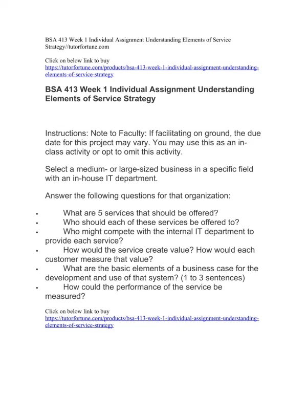 BSA 413 Week 1 Individual Assignment Understanding Elements of Service Strategy//tutorfortune.com