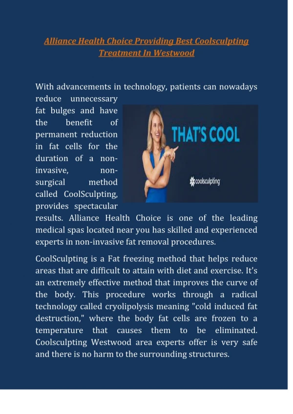 Alliance Health Choice Providing Best Coolsculpting Treatment In Westwood