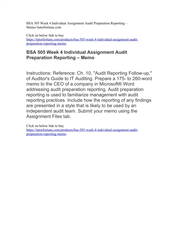 BSA 505 Week 4 Individual Assignment Audit Preparation Reporting – Memo//tutorfortune.com
