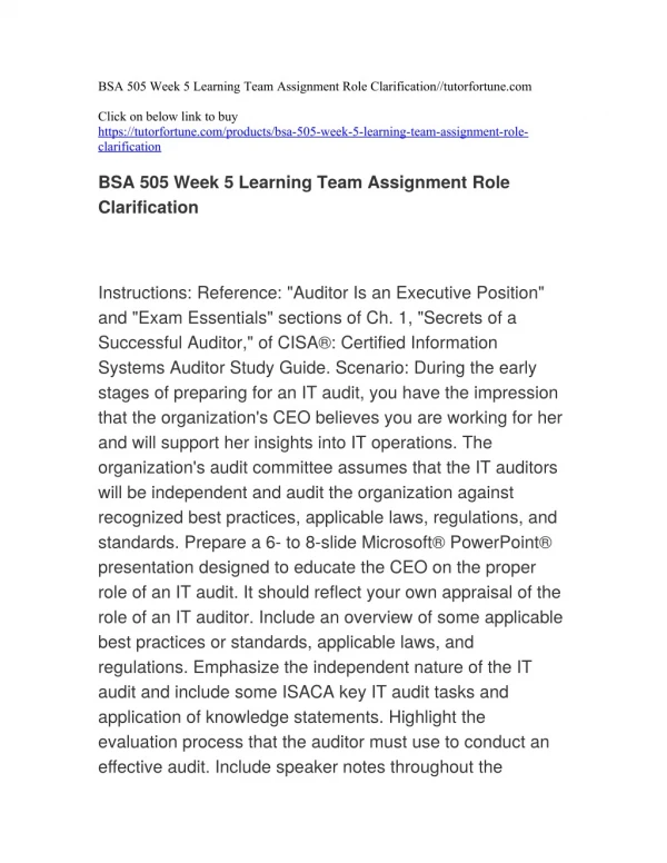 BSA 505 Week 5 Learning Team Assignment Role Clarification//tutorfortune.com