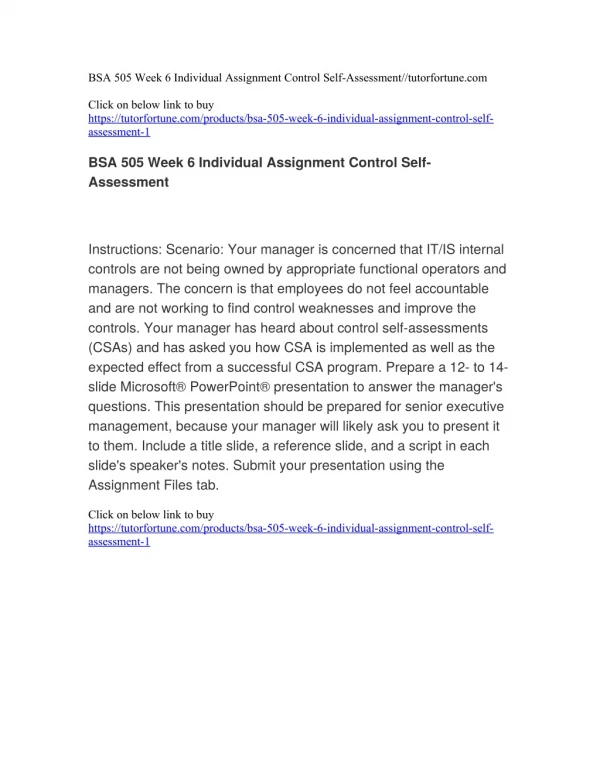 BSA 505 Week 6 Individual Assignment Control Self-Assessment//tutorfortune.com