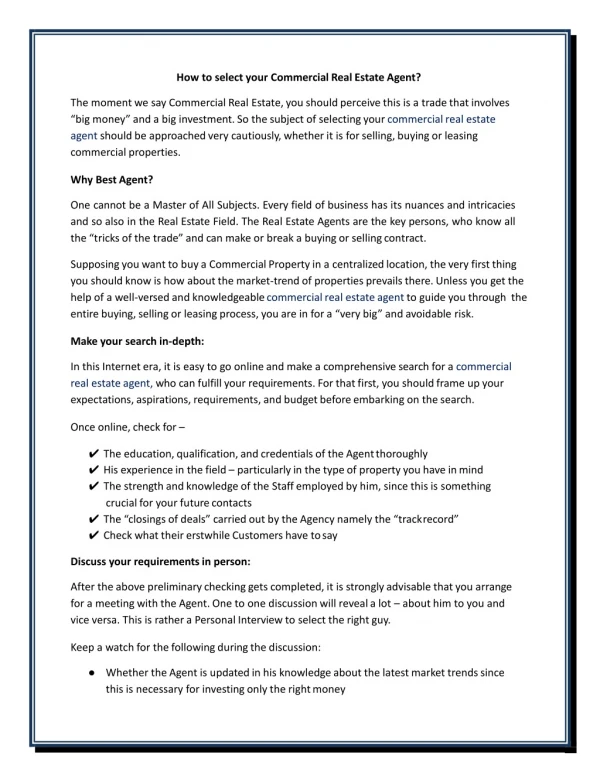 how to select your commercial real estate agent