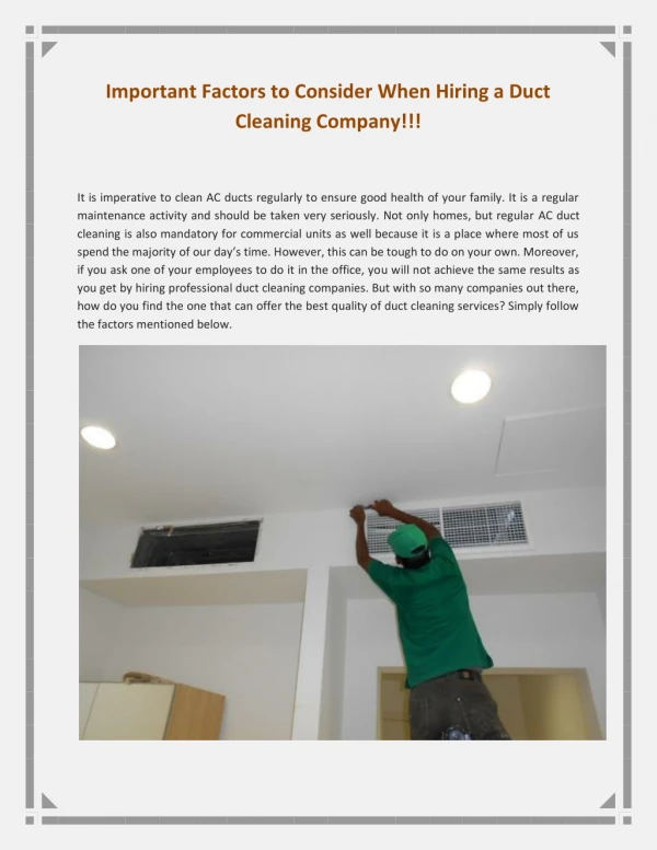 Important Factors to Consider When Hiring a Duct Cleaning Company!!!