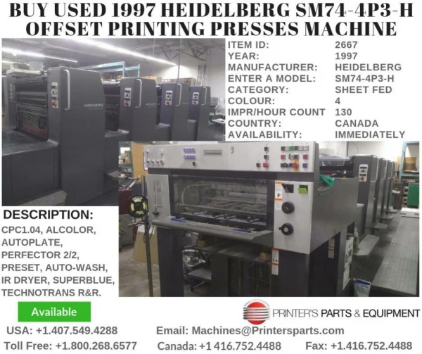 Buy Used 1997 Heidelberg SM74-4P3-H Offset Printing Presses Machine