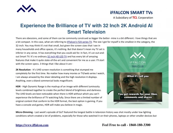Experience the Brilliance of TV with 32 Inch 2K Android AI Smart Television