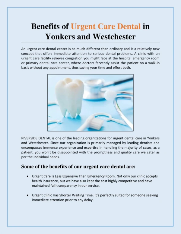 Benefits of Urgent Care Dental in Yonkers and Westchester