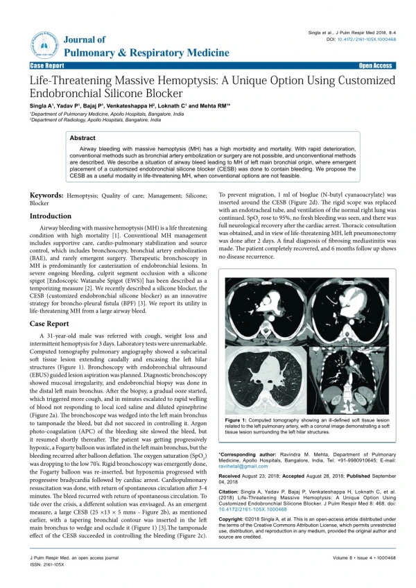 Life-Threatening Massive Hemoptysis: A Unique Option Using Customized Endobronchial Silicone Blocker