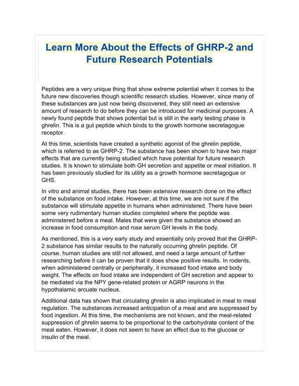 Learn More About the Effects of GHRP-2 and Future Research Potentials