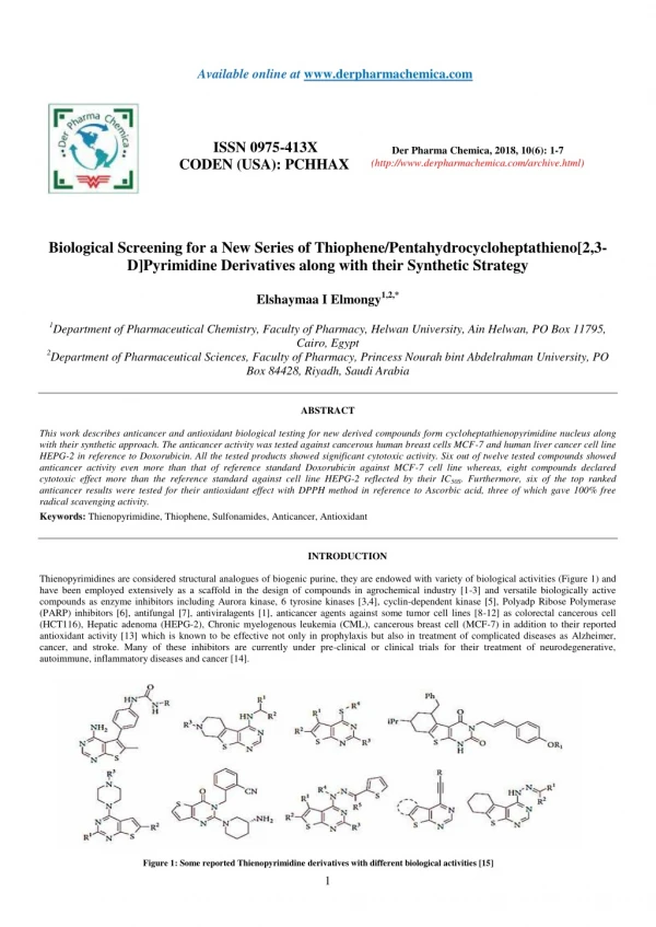 Biological Screening for a New Series of Thiophene/Pentahydrocycloheptathieno[2,3- D]Pyrimidine Derivatives along with t