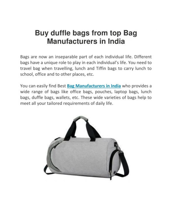 Buy duffle bags from top Bag Manufacturers in India