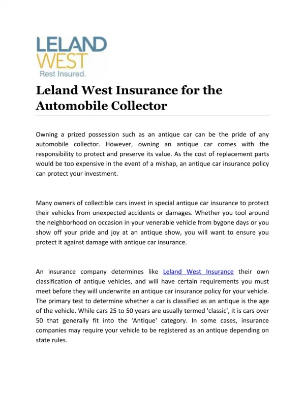 Leland West Insurance for the Automobile Collector