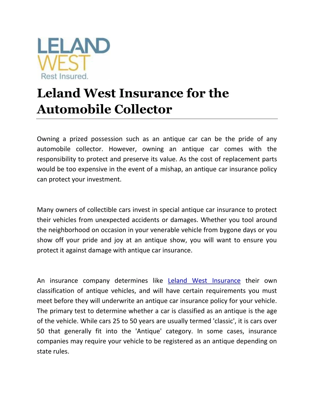 leland west insurance for the automobile collector